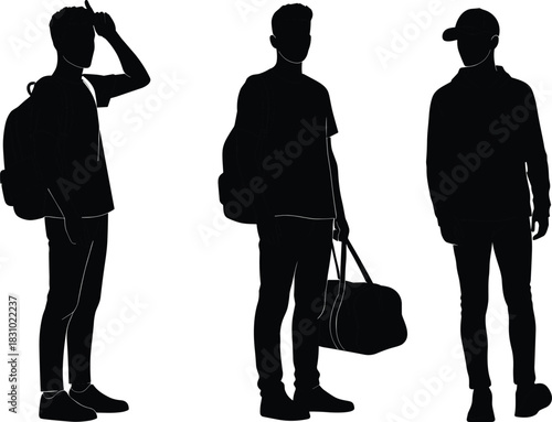 Casual people silhouette, standing figures with backpacks, duffel bag, cap, travel lifestyle, student posture, black vector illustration, design element