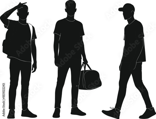Casual people silhouette, standing and walking figures, carrying bags, backpack, duffel, shoulder bag, lifestyle concept, black vector illustration