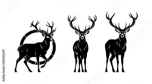 Collection of elegant deer silhouettes featuring prominent antlers, perfect for emblems and designs.