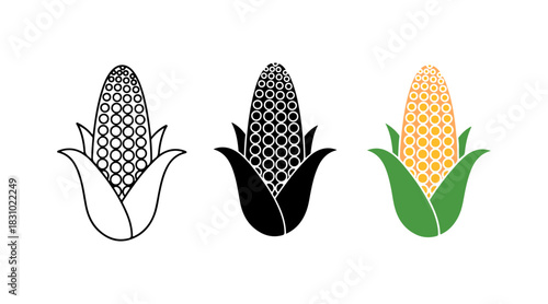 Three distinct corn cob icons: outline, solid silhouette, and vibrant colored graphic symbol set.