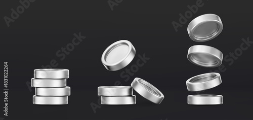 3D silver coin stack set with a chrome metallic effect, isolated on a dark background. Render of chrome coins, game token, digital currency icons or silver reward medals. 3D vector illustration