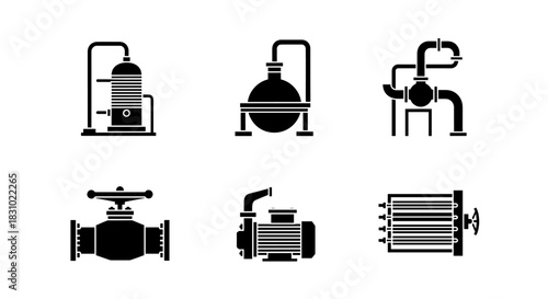 Essential chemical engineering equipment icons, perfect for illustrating industrial processes and design projects, delivering a clean, professional look