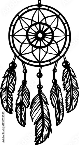 Dreamcatcher with hanging feathers boho tribal talisman symbol in black line art illustration