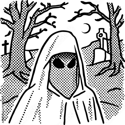 Mysterious hooded alien figure in eerie graveyard at night with bare trees and crescent moon