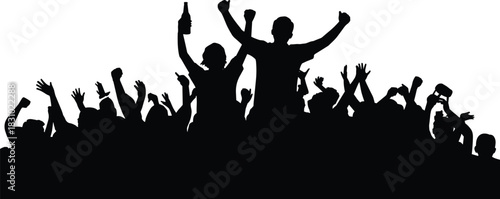 Celebration crowd silhouette, cheering people vector, party pose illustration, raised arms group, black festive design, unity event art