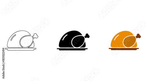 Roasted chicken icon set. outline, glyph, and color variations for festive meals and poultry graphic.