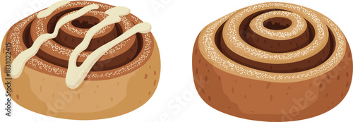 Cinnamon roll with icing, sugar topping pastry, baked dessert, sweet breakfast food, bakery treat, spiral bun, golden brown snack