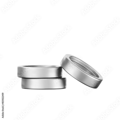 Silver coin stack 3D render. Metallic chrome token stack and falling coins isolated on white. Perfect for finance, jackpot, banking, payment, currency and reward concepts. 3D vector illustration