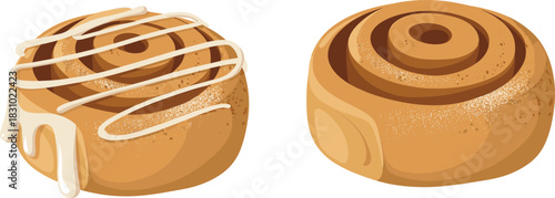 Cinnamon roll comparison, iced and plain pastry, sweet baked dessert, spiral bun, breakfast treat, bakery food, golden brown snack