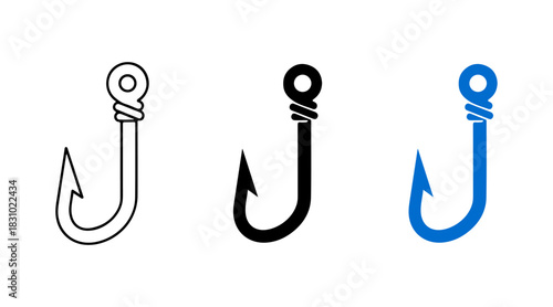 Three distinct fishing hook icons: outline, solid black, and vibrant blue for diverse design needs