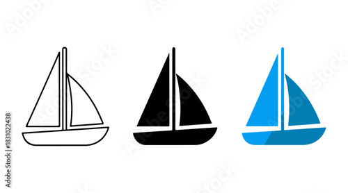 Set of three sailboat icons: line art, solid black, and blue filled designs for web and app