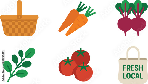 Fresh produce illustration, carrots, beets, tomatoes, spinach, picnic basket, reusable bag, local farming, sustainable shopping, vegetable set, eco-friendly design