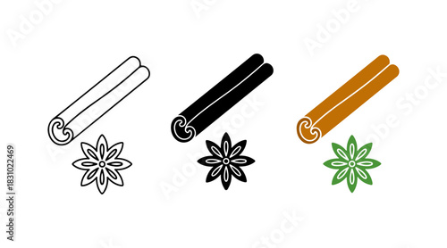 Cinnamon stick and star anise icons in outline, solid, and color styles, versatile graphic design elements.