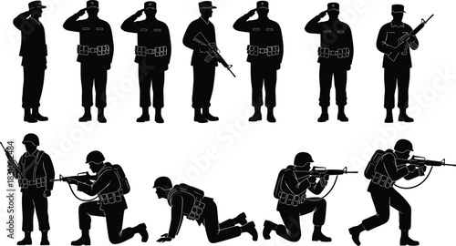 Collection of army soldier silhouettes in uniform, saluting, and in various combat poses with rifles, helmets, and backpacks. Vector set.