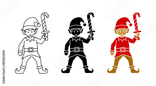 Cute christmas elf holding a candy cane sword in outline, silhouette, and colored styles, vector illustration