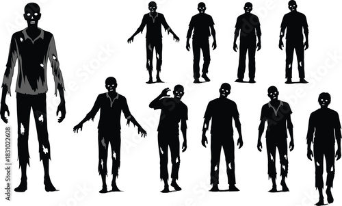 Collection of zombie silhouettes in various walking poses. Black undead monster characters for a Halloween or apocalypse theme. Vector set.
