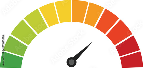Color gauge meter with needle pointing orange zone, performance scale vector illustration, risk level indicator, satisfaction rating graphic, measurement design