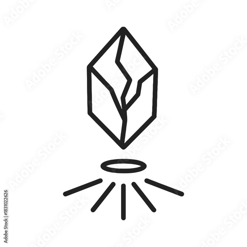 Thin-line black icon of dawnshard relic emerging with first light after longest night, symbolizing seasonal awakening and arcane renewal. Flat vector, ideal for RPG winter magic and rare artifact conc