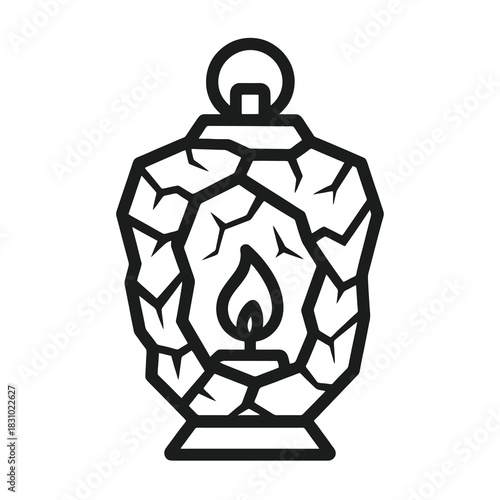 Thin-line black icon of an everfrost lantern holding a single ember within ice, symbolizing arcane survival warmth in eternal winter. Ideal for RPG seasonal magic and survival mechanics.