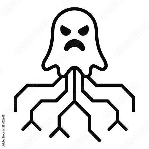 Thin-line black icon of a spectral entity formed from tactical battlefield decisions, feeding on strategic intent. Flat vector, ideal for RPG mechanics tied to choices and psychological combat.