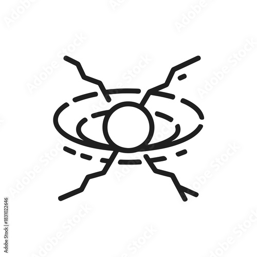 Thin-line black icon of narrative fracture orb altering fate trajectories, symbolizing unpredictable storyline manipulation. Flat vector, ideal for RPG decision mechanics and advanced quest design.