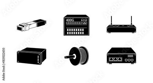 Network devices for modern connectivity solutions featuring routers, switches, and fiber optic cables for reliable data transfers online