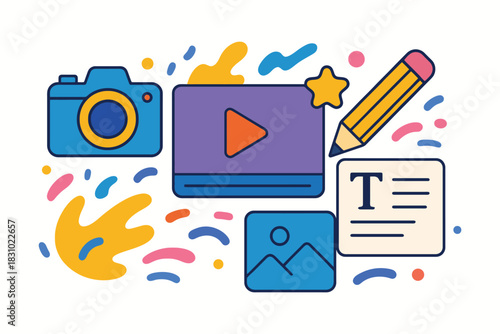 Creative content creation icons camera video pencil photo and text