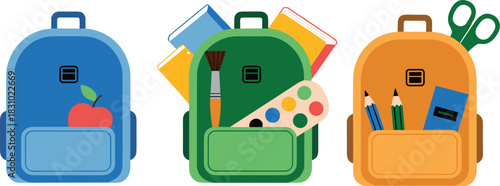 Colorful school backpacks with books, pencils, art supplies, stationery items and educational materials arranged in a row for back to school illustration