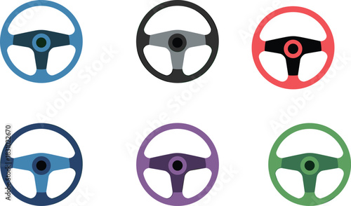 colorful steering wheel set, car control icons, automotive design elements, vehicle dashboard symbols, modern wheel illustration, transport vector collection