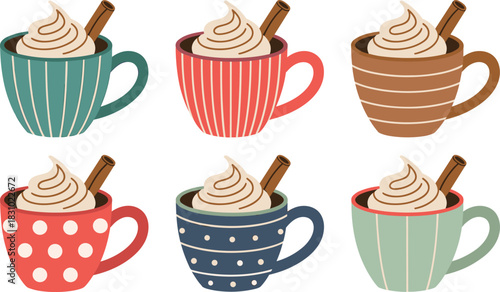 Colorful mugs with whipped topping, cinnamon sticks, cozy drinks, hot chocolate, coffee, seasonal beverage, vector set, polka dots, stripes
