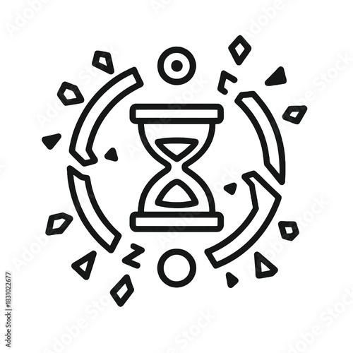 Thin-line black icon of chrono-bending artifact held within a fractured hourglass ring, symbolizing unstable temporal power. Flat vector, ideal for RPG time magic and strategic ability systems.
