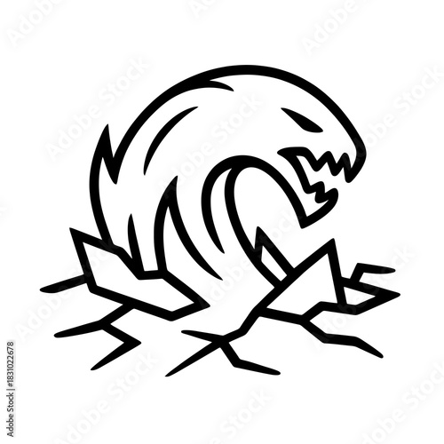 Thin-line black icon of a geomantic predator born from shifting battlefield terrain, symbolizing raw elemental ferocity. Flat vector, ideal for RPG environmental hazards and earth-based entities.