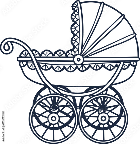 Vintage ornate baby carriage outline with large decorative wheels and lacy canopy