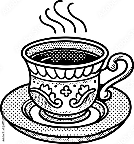 Vintage ornate teacup with hot steaming drink on matching saucer in detailed dotted engraving