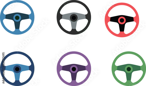 colorful steering wheel set, car control icons, automotive design elements, vehicle dashboard symbols, modern wheel illustration, transport vector collection