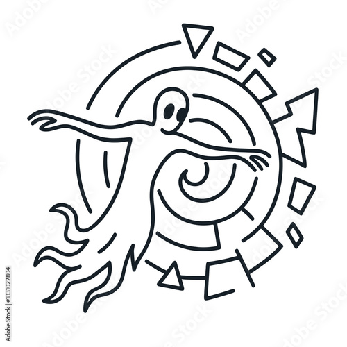 Thin-line black temporal wraith icon drifting through fractured time vortex, symbolizing spectral entity beyond chronological reality. Flat vector, ideal for cosmic horror and timeline distortion them