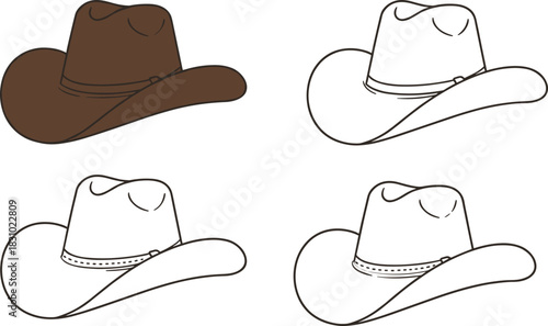 Cowboy hat illustration set with colored and outline versions, western fashion accessory design, vintage style headwear drawing, detailed vector collection