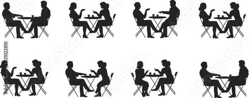 Couples at café table, silhouette conversation set, casual social interaction, coffee shop scene, lifestyle communication, seated people, drink moment