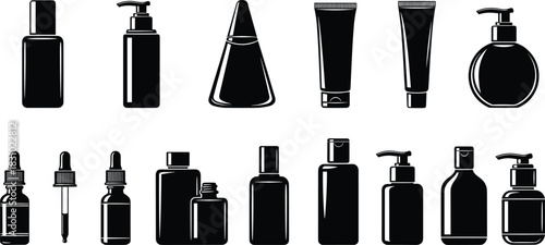 Cosmetic, container, silhouette, bottle, pump, dropper, tube, jar, packaging, toiletry, skincare, haircare, beauty, product, black, vector, minimal, white background, design, variety**