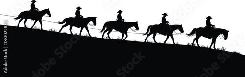 Cowboy horse riding silhouette, western riders downhill, ranch travel scene, wild west adventure, equestrian group, outdoor terrain, hat style
