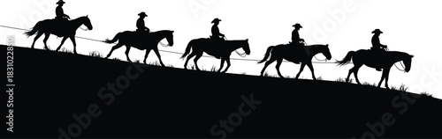 Cowboy horse riding silhouette, western trail riders, group horseback journey, rustic terrain, outdoor adventure, cowboy hats, rope connection, unity, tradition