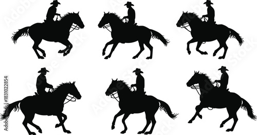 Cowboy silhouettes riding horses in dynamic poses, western culture equestrian action illustration, vintage style headwear and lifestyle vector design pack