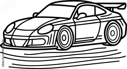 Race car outline with rear spoiler drifting on track sports vehicle line art illustration