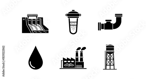 Essential water resource management icons including a dam, a water filter, pipes, a water drop, a factory, and a water tower in black