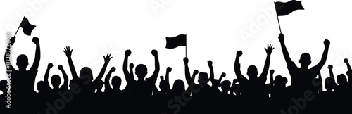 Crowd silhouette vector, people cheering illustration, protest rally art, waving flags pose, unity celebration design, black group silhouette