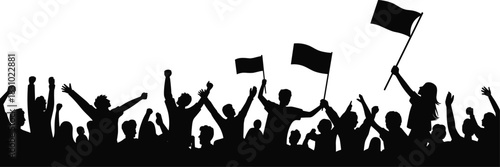 Crowd silhouette with flags, raised hands celebration, protest unity scene, public demonstration art, activism vector, energetic people, social movement