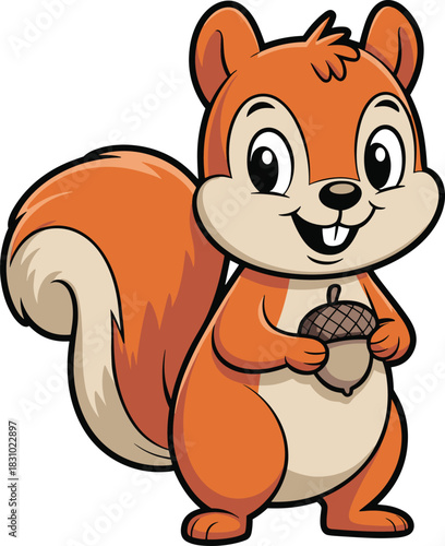 Cute cartoon squirrel holding acorn, happy forest animal character, bushy tail, woodland creature, children book mascot, nature illustration