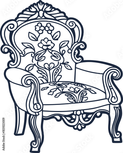 Ornate vintage armchair with floral decorations and elegant carved baroque details