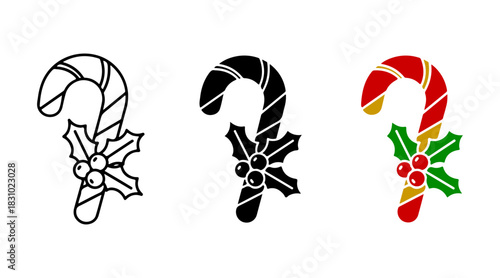 Christmas candy cane with holly leaf and berries icon set, line, glyph, and vibrant color styles