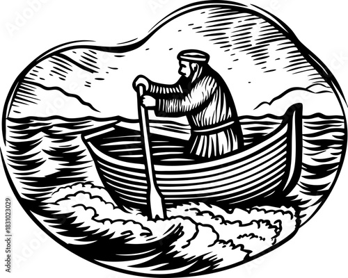 Old fisherman rowing wooden boat on rough sea waves in vintage engraving illustration